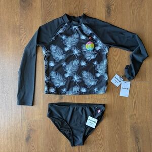 Hurley Girls Rashguard Bikini Black Sail Size 14 NWT